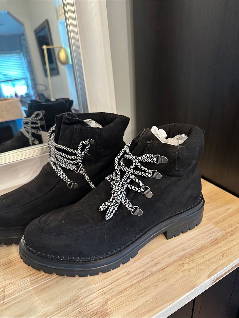 SO Black Suede Lug Sole Hiking-Inspired Ankle Boots